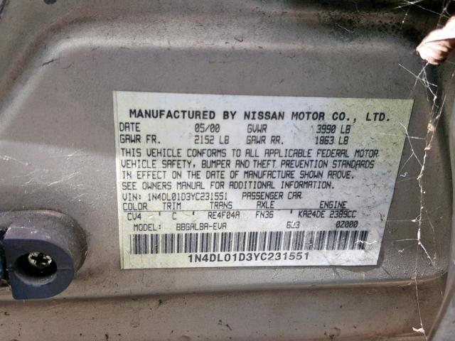 1N4DL01D3YC231551 - 2000 NISSAN ALTIMA XE BEIGE photo 10