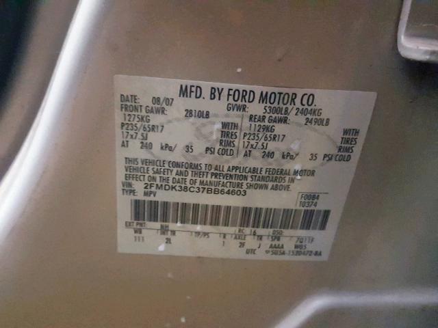 2FMDK38C37BB64603 - 2007 FORD EDGE SEL CREAM photo 10