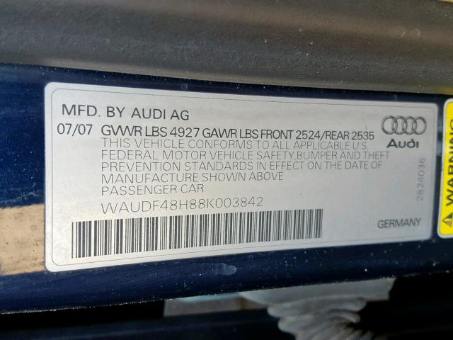 WAUDF48H88K003842 - 2008 AUDI A4 2.0T CA BLUE photo 10