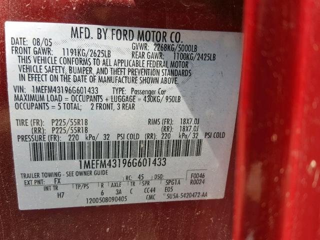 1MEFM43196G601433 - 2006 MERCURY MONTEGO PR ბურგუნდია ფოტო 10