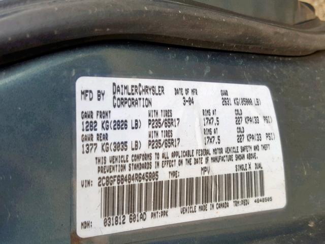 2C8GF68484R645805 - 2004 CHRYSLER PACIFICA TEAL photo 10