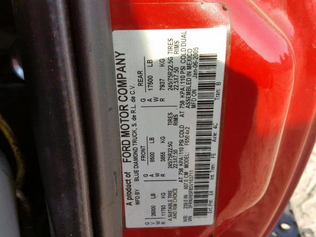 3FRNX65F85V163711 - 2005 FORD F650 SUPER RED photo 10