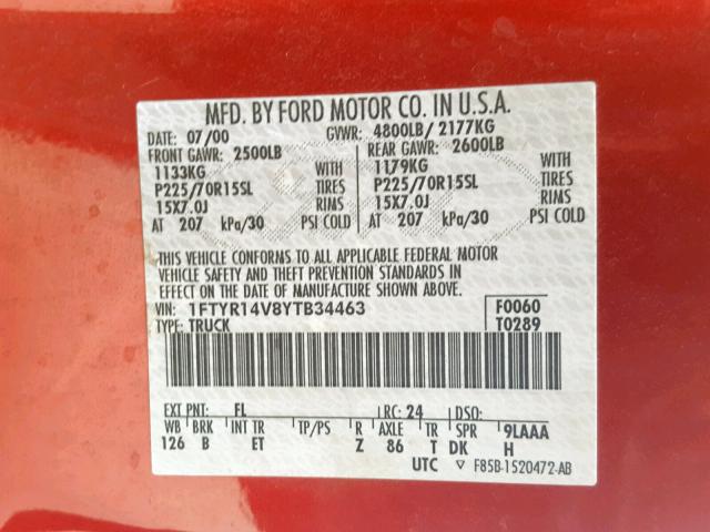 1FTYR14V8YTB34463 - 2000 FORD RANGER SUP RED photo 10