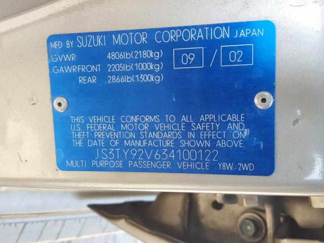 JS3TY92V634100122 - 2003 SUZUKI XL7 PLUS SILVER photo 10