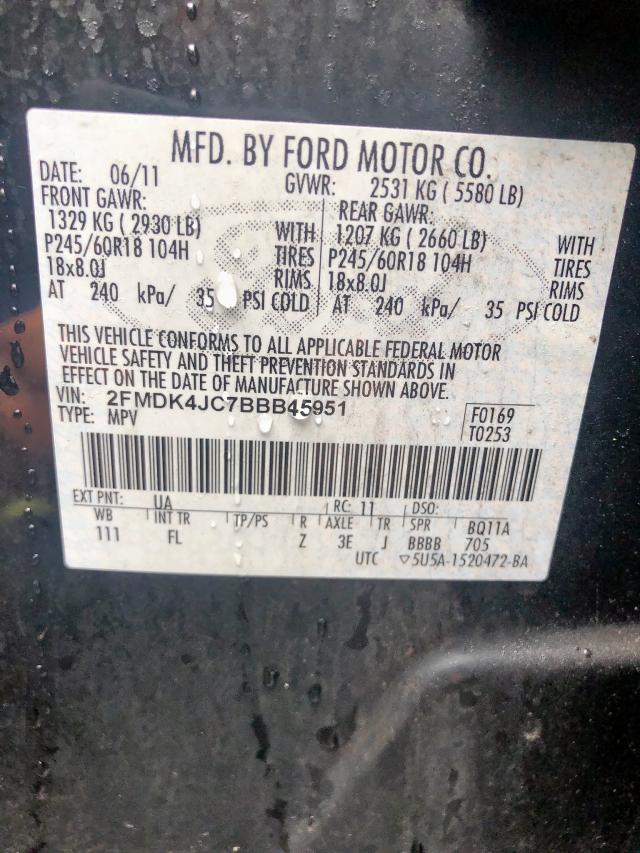 2FMDK4JC7BBB45951 - 2011 FORD EDGE SEL BLACK photo 10