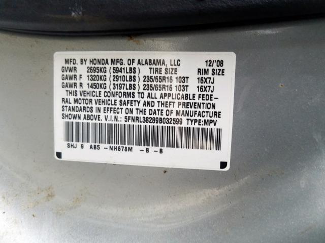 5FNRL38289B032599 - 2009 HONDA ODYSSEY LX  photo 10