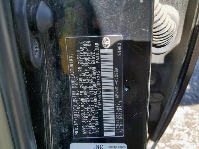 4T1BB46K78U034245 - 2008 TOYOTA CAMRY HYBR BLACK photo 10