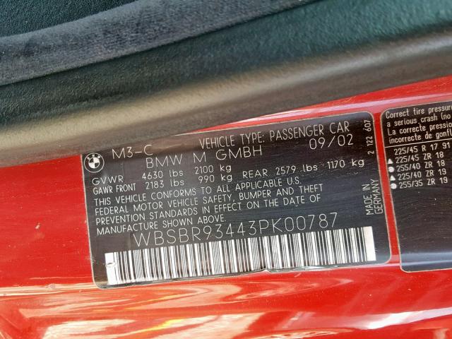 WBSBR93443PK00787 - 2003 BMW M3 RED photo 10