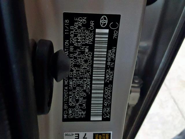 JTDKARFP5J3102442 - 2018 TOYOTA PRIUS PRIM 棕色 照片 10