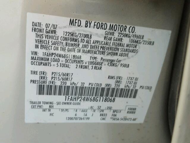 1FAHP24W68G118068 - 2008 FORD TAURUS SEL CREAM photo 10