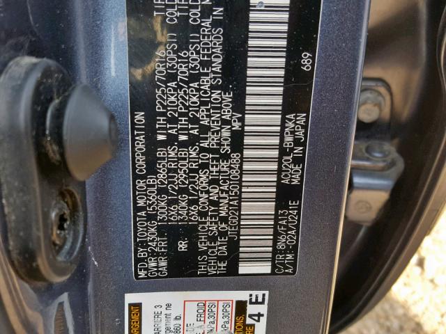 JTEGD21A150108488 - 2005 TOYOTA HIGHLANDER BLUE photo 10