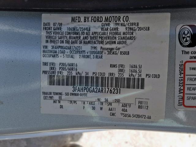 3FAHP0GA2AR176231 - 2010 FORD FUSION S SILVER photo 10