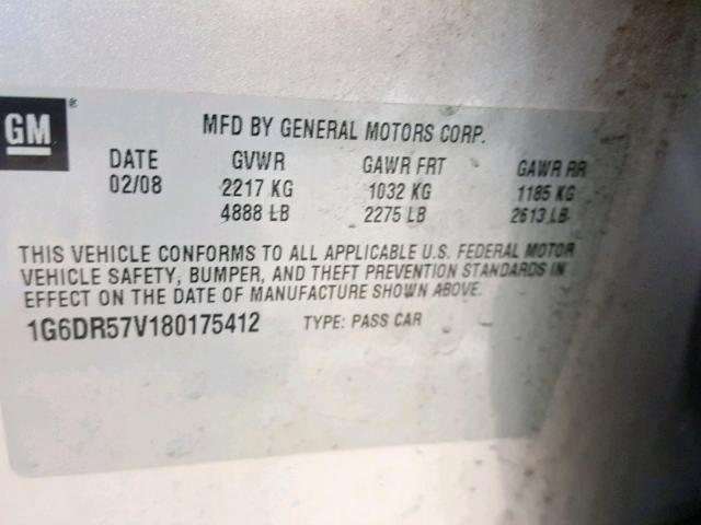 1G6DR57V180175412 - 2008 CADILLAC CTS HI FEA SILVER photo 10