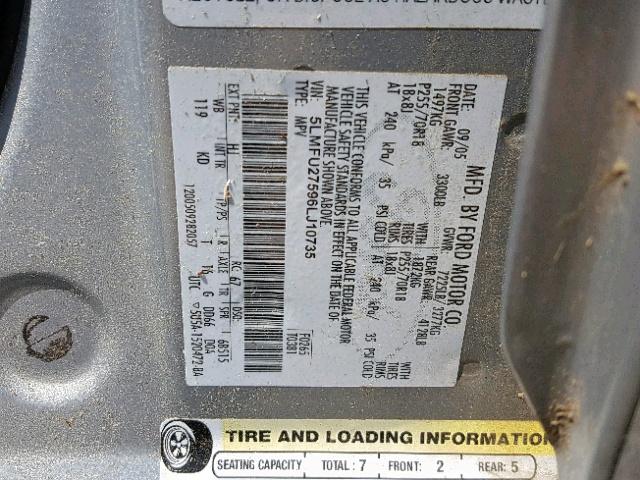 5LMFU27596LJ10735 - 2006 LINCOLN NAVIGATOR ვერცხლისფერი ფოტო 10