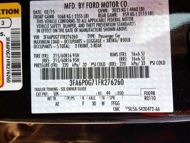 3FA6P0G71FR276260 - 2015 FORD FUSION S BLACK photo 10