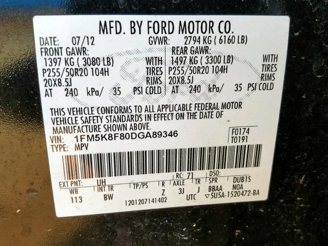 1FM5K8F80DGA89346 - 2013 FORD EXPLORER L BLACK photo 10