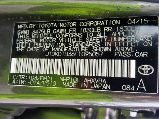 JTDKDTB36F1095057 - 2015 TOYOTA PRIUS C GRAY photo 10