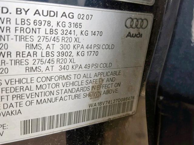 WA1BV74L27D086478 - 2007 AUDI Q7 4.2 QUA BLUE photo 10