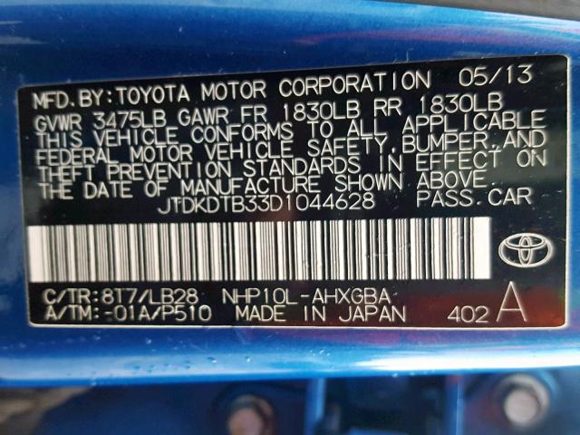 JTDKDTB33D1044628 - 2013 TOYOTA PRIUS C BLUE photo 10