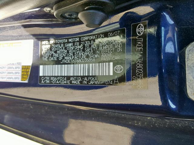 JTKDE167680235858 - 2008 TOYOTA SCION TC ლურჯი ფოტო 10