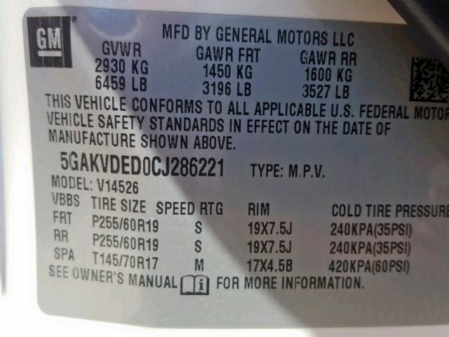 5GAKVDED0CJ286221 - 2012 BUICK ENCLAVE WHITE photo 10