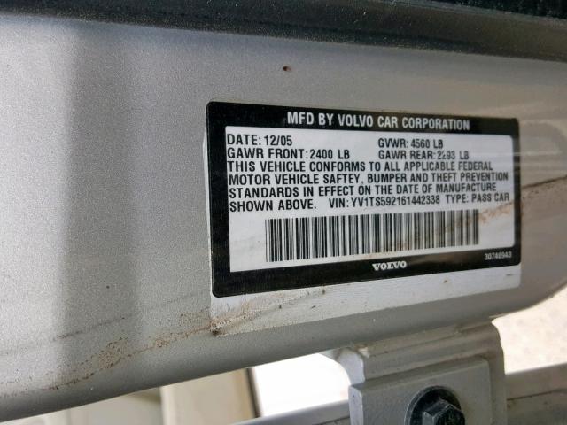 YV1TS592161442338 - 2006 VOLVO S80 2.5T SILVER photo 10