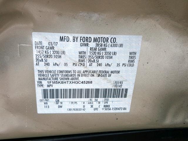 1FM5K8HTXHGC45268 - 2017 FORD EXPLORER P GOLD photo 10