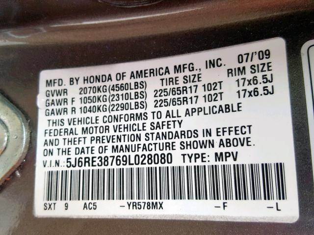 5J6RE38769L028080 - 2009 HONDA CR-V EXL CHARCOAL photo 10