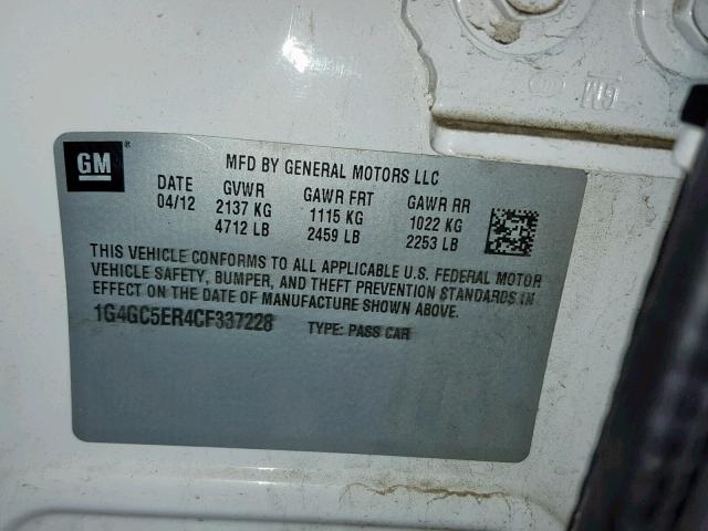 1G4GC5ER4CF337228 - 2012 BUICK LACROSSE WHITE photo 10