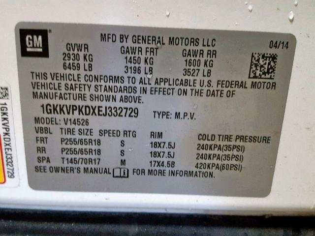 1GKKVPKDXEJ332729 - 2014 GMC ACADIA SLE WHITE photo 10