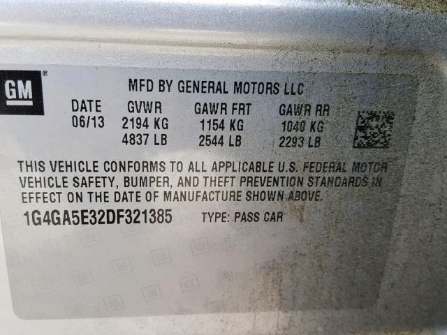 1G4GA5E32DF321385 - 2013 BUICK LACROSSE SILVER photo 10