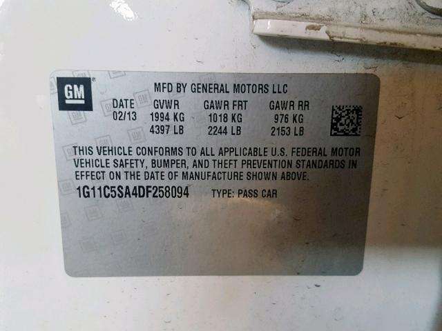 1G11C5SA4DF258094 - 2013 CHEVROLET MALIBU 1LT WHITE photo 10