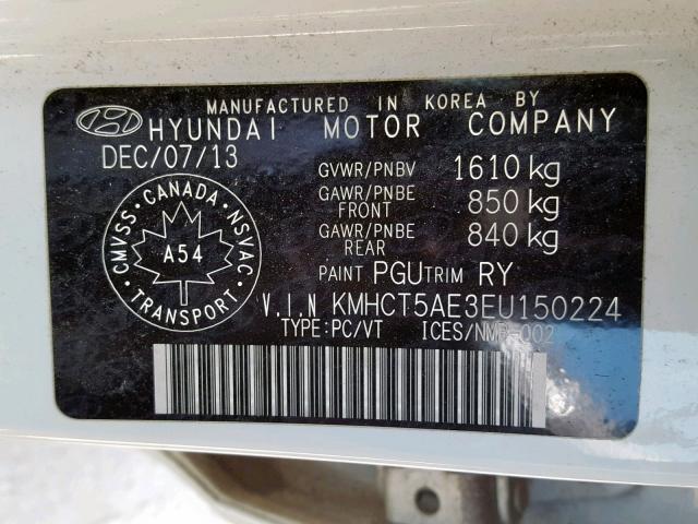 KMHCT5AE3EU150224 - 2014 HYUNDAI ACCENT GLS WHITE photo 10