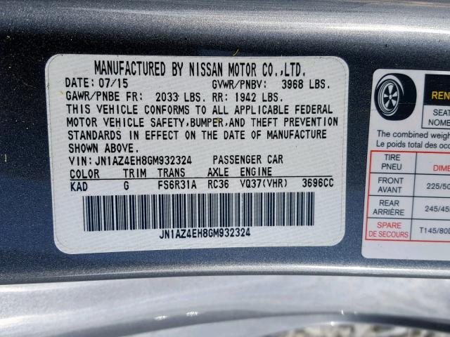 JN1AZ4EH8GM932324 - 2016 NISSAN 370Z BASE GRAY photo 10