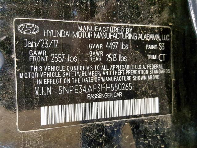 5NPE34AF3HH550265 - 2017 HYUNDAI SONATA SPO BLACK photo 10