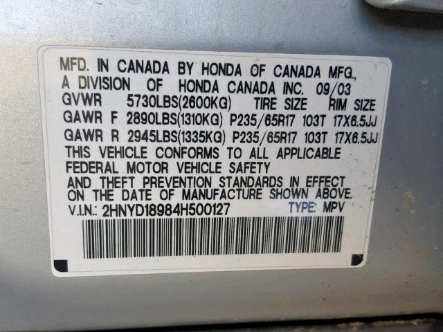 2HNYD18984H500127 - 2004 ACURA MDX TOURIN SILVER photo 10