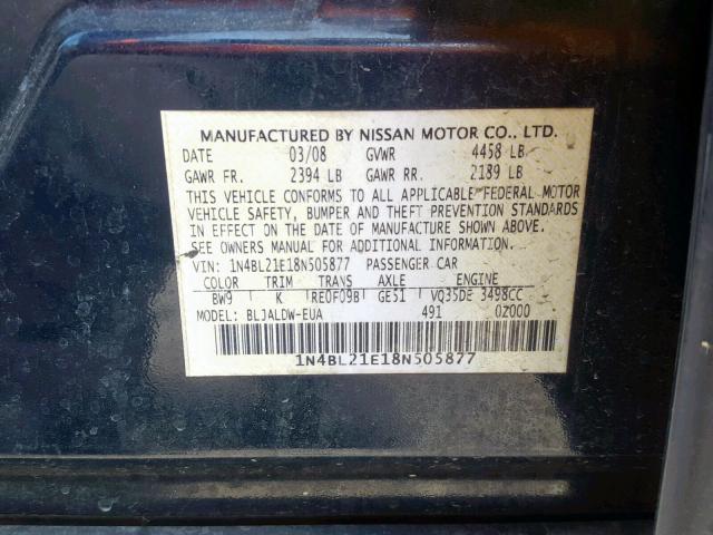 1N4BL21E18N505877 - 2008 NISSAN ALTIMA 3.5 BLUE photo 10