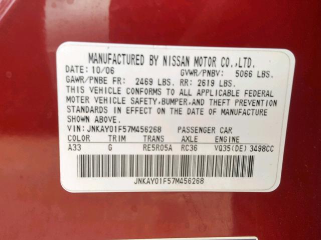 JNKAY01F57M456268 - 2007 INFINITI M35 BASE BURGUNDY photo 10