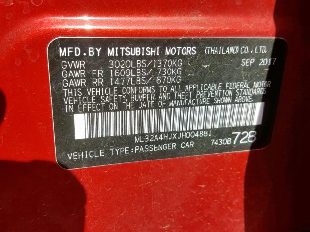 ML32A4HJXJH004881 - 2018 MITSUBISHI MIRAGE SE RED photo 10