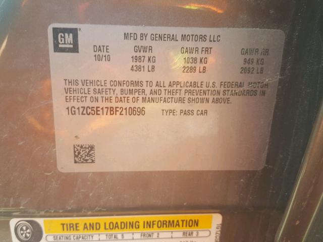 1G1ZC5E17BF210696 - 2011 CHEVROLET MALIBU 1LT TAN photo 10