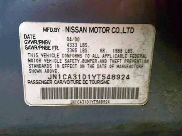 JN1CA31D1YT548924 - 2000 NISSAN MAXIMA GLE BLUE photo 10