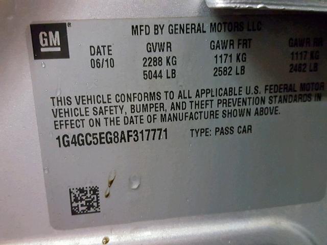 1G4GC5EG8AF317771 - 2010 BUICK LACROSSE C SILVER photo 10