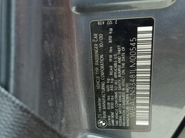 WBACN33481LM00545 - 2001 BMW Z3 2.5 GRAY photo 10