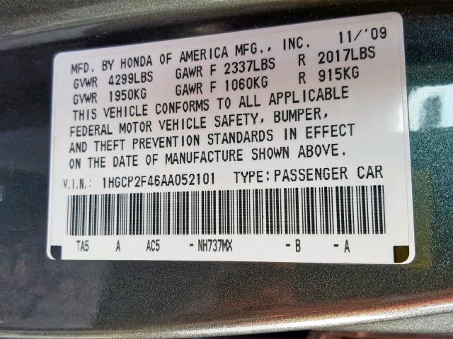 1HGCP2F46AA052101 - 2010 HONDA ACCORD LXP GRAY photo 10