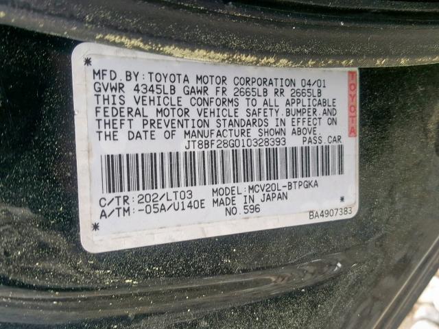 JT8BF28G010328393 - 2001 LEXUS ES 300 BLACK photo 10