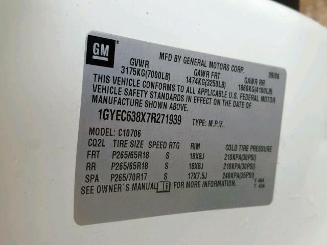 1GYEC638X7R271939 - 2007 CADILLAC ESCALADE L WHITE photo 10