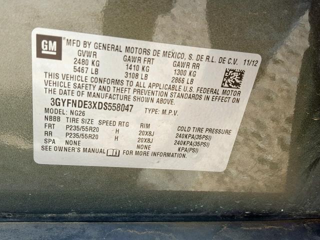 3GYFNDE3XDS558047 - 2013 CADILLAC SRX PERFOR GRAY photo 10