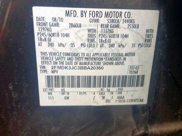 2FMDK3JC3BBA20360 - 2011 FORD EDGE SEL BROWN photo 10