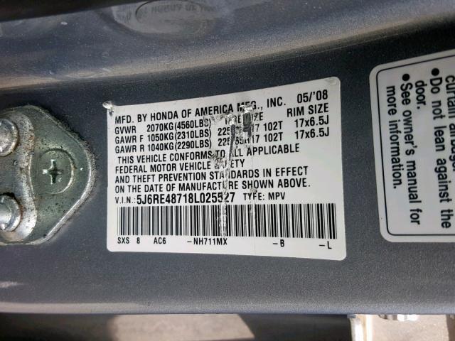 5J6RE48718L025527 - 2008 HONDA CR-V EXL SILVER photo 10