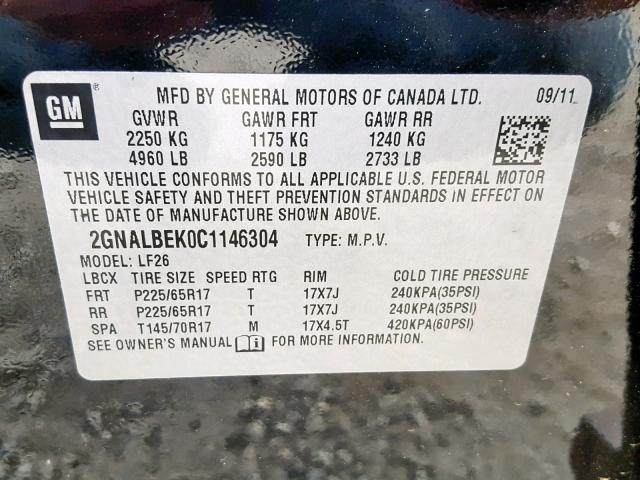 2GNALBEK0C1146304 - 2012 CHEVROLET EQUINOX LS BLACK photo 10